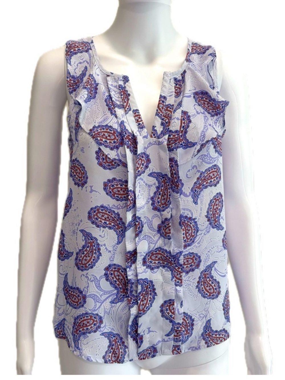 Skies Are Blue Paisley Print Sleeveless Blouse Petite Size XS Slit Ruffle Tank